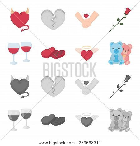 Glasses With Wine, Chocolate Hearts, Bears, Valentine.romantik Set Collection Icons In Cartoon, Mono