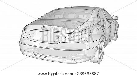 Three-dimensional, Transparent Illustration With Contour Lines Of Mercedes Benz Cls Coupe. 3d Render