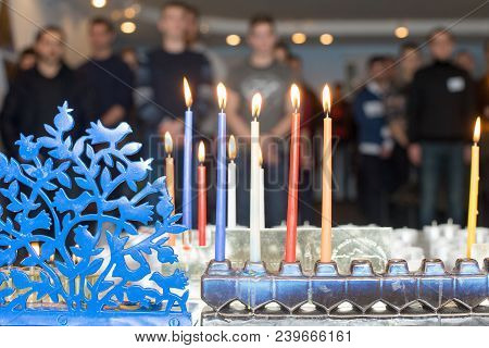 Chanukah Menorah Chanukiah. Close-up. On A Blurred Background.