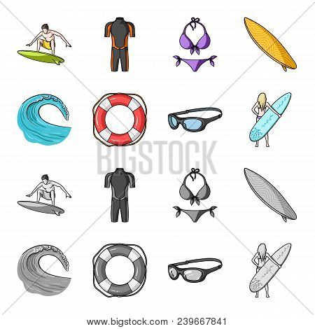 Oncoming Wave, Life Ring, Goggles, Girl Surfing. Surfing Set Collection Icons In Cartoon, Monochrome