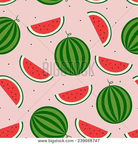 Vector Seamless Watermelon Pattern. Whole Watermelon And Juicy Slices