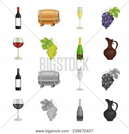 A Glass Of Red Wine, Champagne, A Jug Of Wine, A Bunch. Wine Production Set Collection Icons In Cart