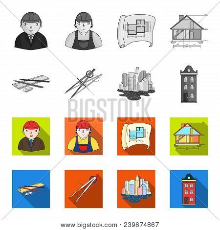 Drawing Accessories, Metropolis, House Model. Architecture Set Collection Icons In Monochrome, Flat 