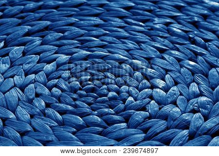 Round Straw Mat Texture In Navy Blue Tone. Abstract Background And Texture For Design.