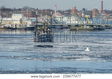 New Bedford, Massachusetts, Usa - January 10, 2018: Commercial Fishing Boat Jessica & Susan Crossing