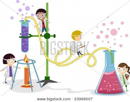 Illustration af børn lege i et laboratorium