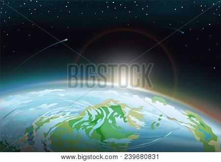 Spectacular Spacescape With Part Of Earth Surface And Bright Sun On Horizon Anong Stars That Shine A