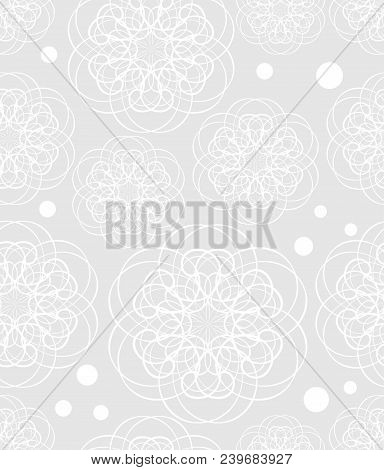 Doodle Flower Motif, Low Contrasting White Drawing On Light Gray Background, Seamless Patterns, Text