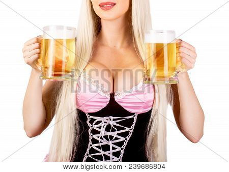 Oktoberfest Woman With Big Breast Holds Two Mugs