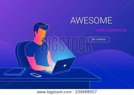 Young Man Sitting In The Office At Work Desk And Working With Laptop. Modern Gradient Line Vector Il