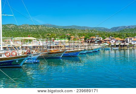 Kalekoy, Turkey - May 5, 2017: The Harbor Of Ucagiz Village Located In Lagoon (liman), Its Calm Wate