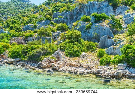 The Stone Remains Of Ancient Lycian Settlement, Famous As Sunken City, On The Coast Of Kekova Island