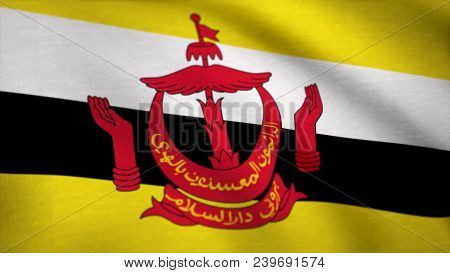 Close Up Shot Of Wavy Flag Of Brunei. Flag Of Brunei Background.