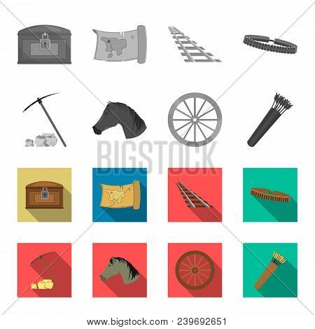 Pickax Hoe, Horse Head, Wheel Cart, Quiver With Arrows.wild West Set Collection Icons In Monochrome,