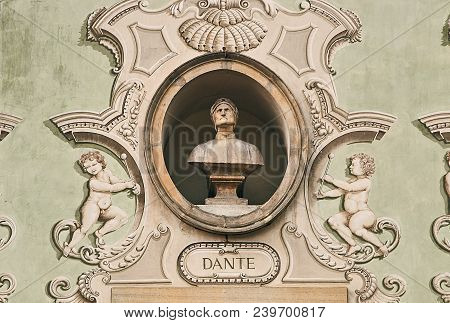 Vintage Sculpture Portrait Of Dante Alighieri, A Major Italian Poet Of The Late Middle Ages On A Fac