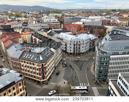 OSLO - MAY 7, 2018: Aerial view above rooftops and city streets in central Oslo, Norway.