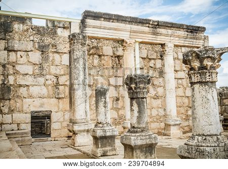 The Ruins Of White Synagogue In Capernaum On The Coast Of The Sea Of Galilea, Where Jesus Lived And 
