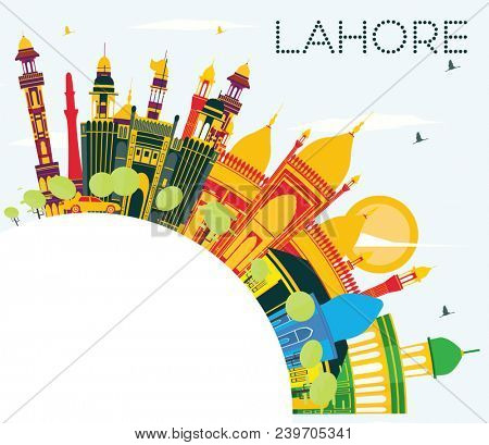 Lahore Skyline with Color Landmarks, Blue Sky and Copy Space. Business Travel and Tourism Concept with Historic Buildings. Lahore Cityscape with Landmarks.