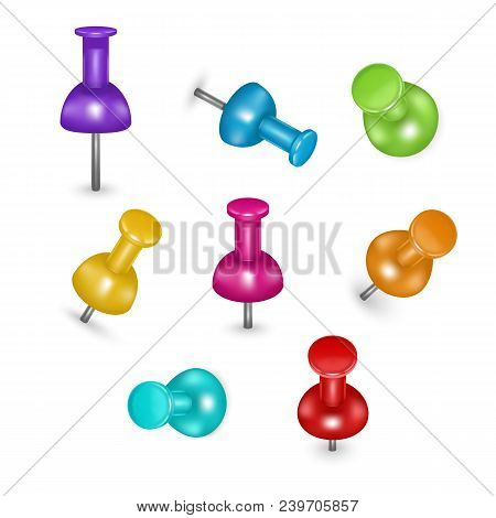 Realistic Detailed 3d Glossy Colorful Push Pins Different Angles Set Element Business Stationery. Ve