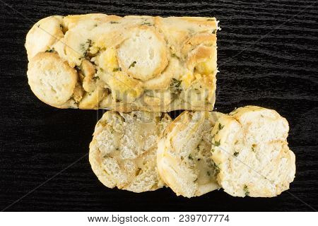Calsbad Bread Dumpling Top View One Half And Three Slices Isolated On Black Wood Background Fresh St