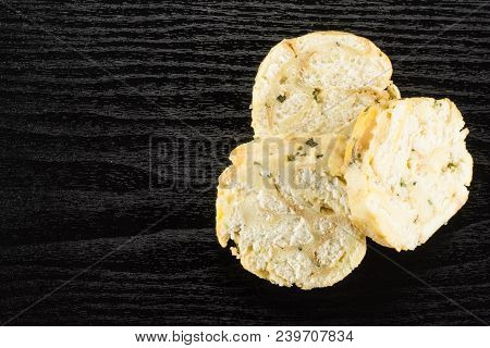 Calsbad Bread Dumpling Top View Isolated On Black Wood Background Three Slices Stack Fresh Steamed