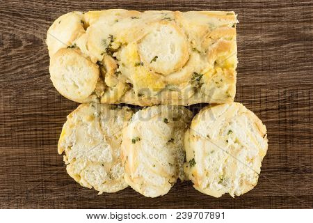 Calsbad Bread Dumpling Top View One Half And Three Slices Isolated On Brown Wood Background Fresh St