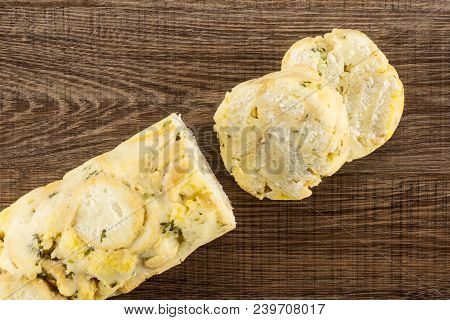 Calsbad Bread Dumpling Top View Sliced Half And Two Slices Isolated On Brown Wood Background Fresh S