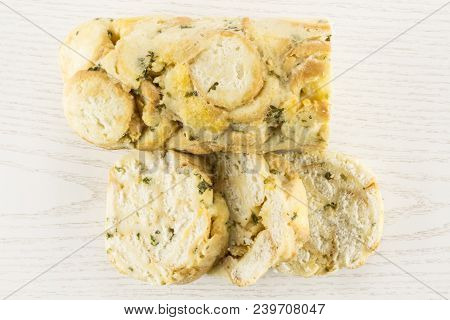 Calsbad Bread Dumpling Top View One Half And Three Slices Isolated On Grey Wood Background Fresh Ste