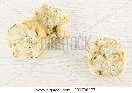 Calsbad Bread Dumpling Top View Isolated On Grey Wood Background Three Slices Fresh Steamed