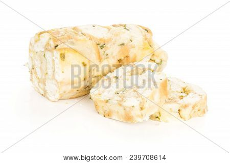 One Calsbad Bread Dumpling Half And Two Slices Isolated On White Background Fresh Steamed