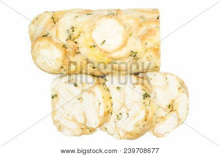 Calsbad Bread Dumpling Top View One Half And Three Slices Isolated On White Background Fresh Steamed