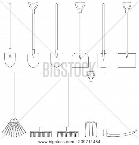 Set Of Contours Of Garden Tools (shovel, Rake, Fork, Scythe), Vector Illustration