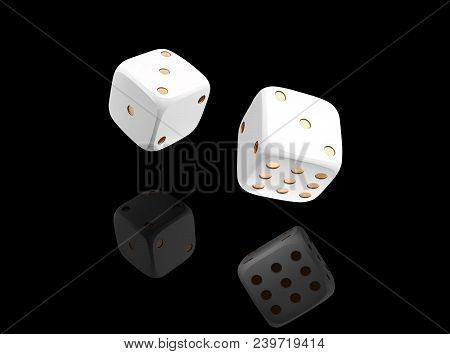 Casino White Dice On Black Background With Reflection. Online Casino Dice Gambling Concept Isolated 