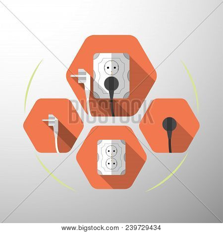 Set Of Electric Outlet And Plug Type F Isolated Icons With The Inserted Black Plug On The Red Hexago