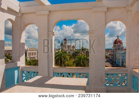 Cienfuegos, Cuba: The Landscape Of The City Center From Above Through The Arches Of The Palace, Pala
