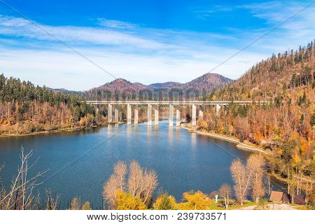 Panoramic View On Bridge Over The Bajer Lake In Fuzine, Gorski Kotar, Croatia