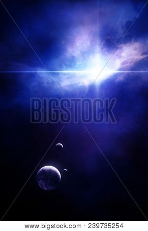 2d illustration of a planetary system with a planet, its moons and its sun near a blue nebula
