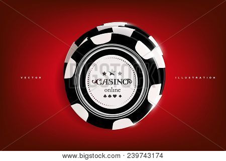 Top View Of Casino Black And White Chips On Red Background. Online Casino Chip Game On Red Table Gam