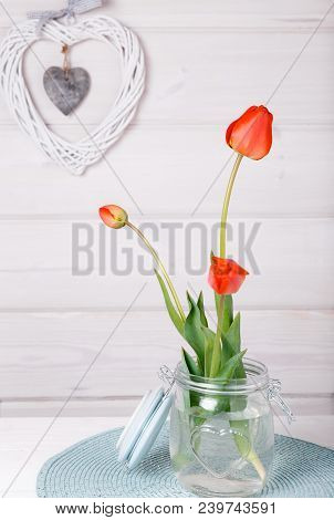 Flowers Composition. Frame Made Of Red Flowers On White Background. Valentine's Day. Flat Lay, Top V
