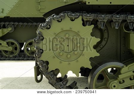 Drive Wheel And A Fragment Of Tank Caterpillar Closeup