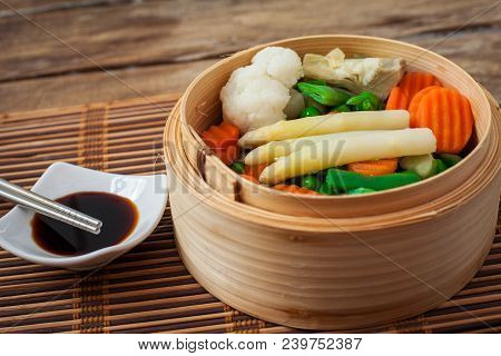 Assorted Steamed Vegetables Prepared On Bambu Steamer