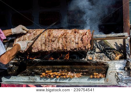 Turkish Cag Kebab On Pole In Horizontal Position