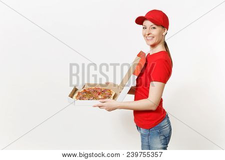 Delivery Woman In Red Uniform Isolated On White Background. Pretty Female In Cap, T-shirt, Jeans Wor