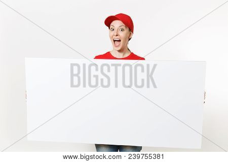 Delivery Woman In Red Uniform Isolated On White Background. Female Courier In Cap, T-shirt, Jeans Ho