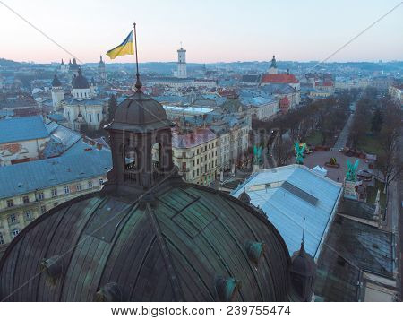 Old European Architecture. Opera Building In Center Of City. Aerial View