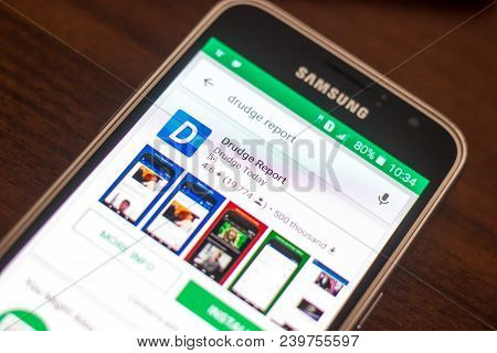 Ryazan, Russia - May 04, 2018: Drudge Report Icon In The List Of Mobile Apps On The Display Of Cell 