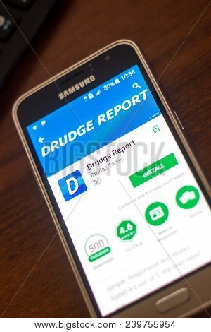 Ryazan, Russia - May 04, 2018: Drudge Report Mobile App On The Display Of Cell Phone