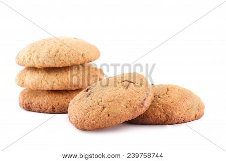 Oatmeal Chocolate Cookies Isolated On White Background. Muesli Cookies.