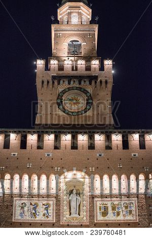 Sforza Castle In Piazza At Night In Milano, Italy
