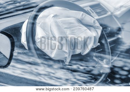 Airbag Exploded At Car Accident. Car Crash And Airbag Worked Well. View Through Closed Window